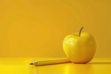 Poster - A simple still life image featuring an apple and a pencil on a bright yellow background