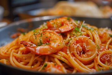 Wall Mural - Ingredients for various dishes such as pasta with shrimp in cream sauce and pollack with garlic butter