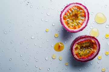 Wall Mural - Isolated ripe passion fruit on white background with water drops