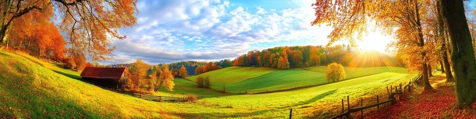 Magical landscape in autumn: sunny panorama of rural idyll