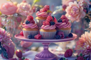 Wall Mural - Fresh raspberries and blueberries topping sweet cupcakes