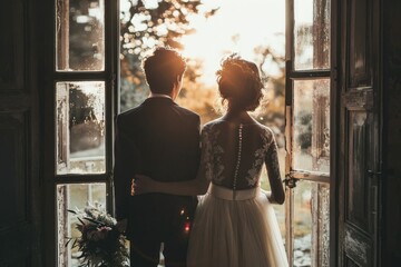 Wall Mural - A bride and groom stand together in front of a window, possibly looking out at their new life