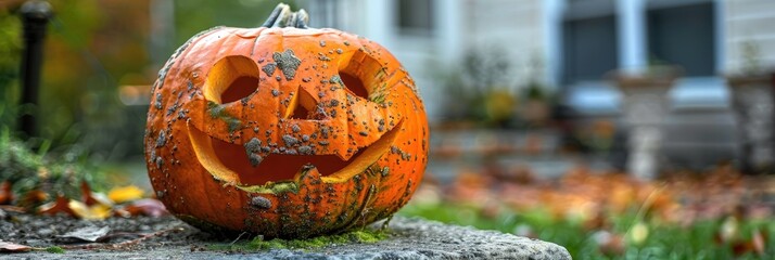 Wall Mural - Close-up of a carved Halloween pumpkin featuring a smiling face with round eyes, placed on a stone surface and showing hints of bright green mold inside.