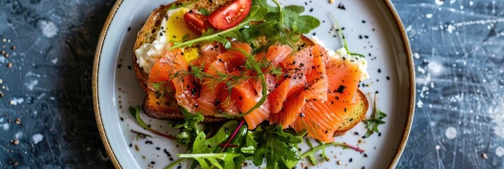 Canvas Print - Toast topped with salad and a serving of salmon