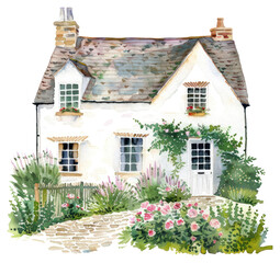 Poster - PNG Charming cottage watercolor illustration