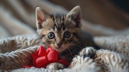 Aufkleber - A small kitten is lying on a soft blanket, wearing a bright red bow