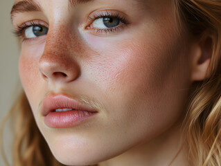 Young female person with curly hair. Close up of female mustache or woman`s mustache. Subtle layer of peach fuzz.