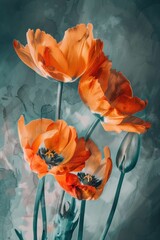 Poster - A group of bright orange flowers sit on a table, perfect for decorating or styling