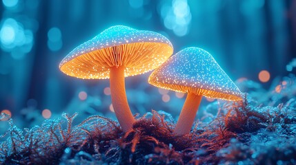 Poster - Glowing Mushrooms in a Blue Forest.