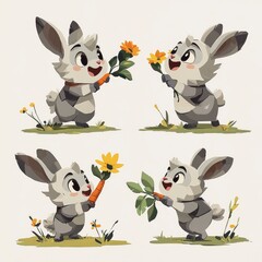 Sticker - Cute Cartoon Rabbits Sharing Flowers and Carrots