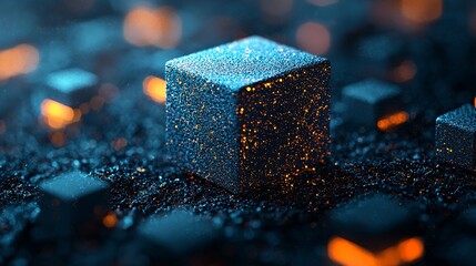 Poster - Abstract Blue Cube with Glowing Particles.