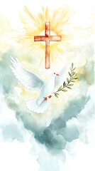 Watercolor illustration, a white dove with elegant wings and soft feathers soars through sky, symbolizing peace and love as it flies gracefully, embodying the gentle beauty of this cherished bird.