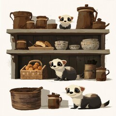 Wall Mural - Two Cute Ferrets in a Cozy Kitchen