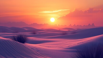 Tranquil desert sunset with the sun setting behind dunes