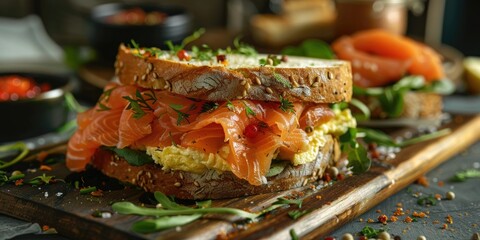 Exquisite sandwich featuring omelette and smoked red fish complemented by salmon trout fresh greens and bruschetta A delightful breakfast option for tomorrow