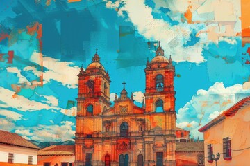 Poster - A painting of a church standing tall in front of a bright blue sky, perfect for a peaceful atmosphere
