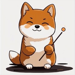 Wall Mural - Cute Shiba Inu Dog Cartoon Character Holding a Stick