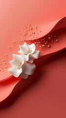 Poster - Abstract White Flowers on Coral Background with Golden Beads