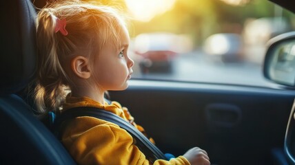 Young Caucasian girl, blonde hair, in car seat, looking thoughtfully out window, illuminated by sunshine