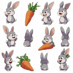 Wall Mural - Cute Cartoon Bunny Rabbit with Carrot in Various Poses