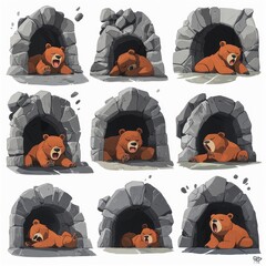 Canvas Print - Nine Bears in Stone Caves, Cartoon Style Illustration