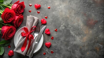 Valentine's day table setting with red roses, hearts, and silverware on stone background top view