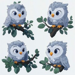 Canvas Print - Four Adorable Cartoon Owls Perched on Branches