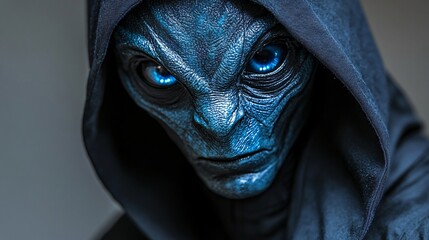 The Seer's Gaze: An enigmatic, blue-skinned being with piercing blue eyes peers from beneath a dark hood, an aura of mystery and power emanating from its gaze. 