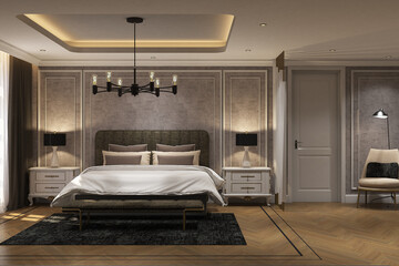 Wall Mural - 3d render of interior design bed room modern classic  style. Wood parquet floor, gray wall and white ceiling. Set 16