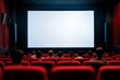 © InfiniteStudio - People enjoy a movie performance in a cinema hall with a blank screen and red seating during a film screening event