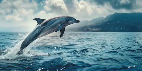 Poster - Bottlenose dolphin preparing to leap into the air