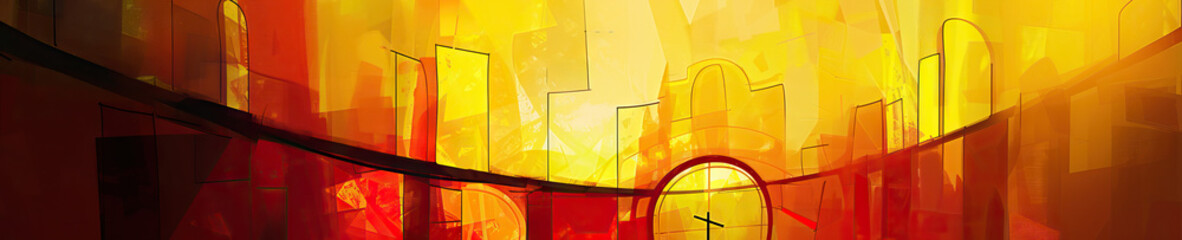 An abstract depiction of a Catholic church's stained glass windows, showcasing warm yellow and red hues.