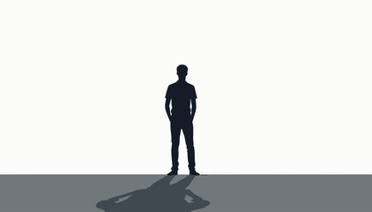 Wall Mural - Silhouette of a man standing with his fists on his hips against a plain background, casting a shadow.