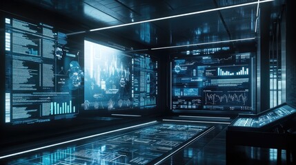 Poster - A futuristic office with holographic financial data displays, representing the future of business and technology.