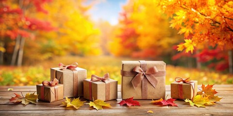 Wall Mural - A collection of handcrafted gift boxes set against a background of colorful autumn foliage