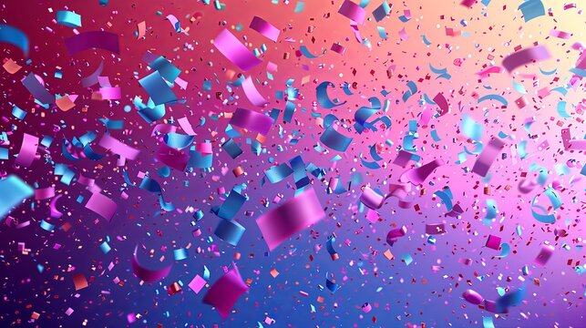 Confetti party clapper 3d vector, shapes. Birthday or carnival fireworks or popper paper streamers, star and elements for greeting design. purple, pin