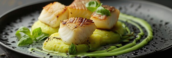 Poster - Gourmet cod fillets served on potato pyramids with avocado and basil cream sauce, showcasing an elegant side view for a refined dining experience.