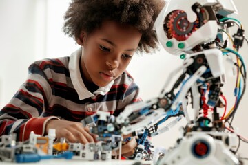Poster - A young boy plays with his robot toy on a table