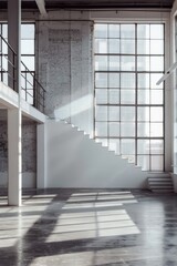 Poster - A simple empty room with a staircase and windows, suitable for various uses