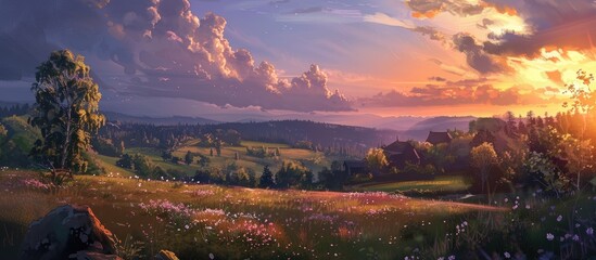 Wall Mural - Beautiful Twilight In Summer At Hill Top