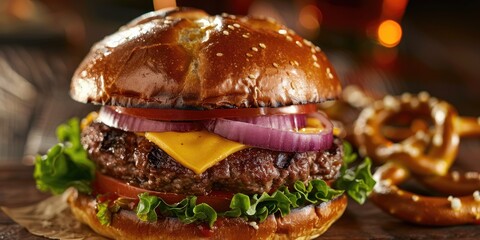 Canvas Print - Gourmet cheeseburger with lettuce onion and tomato on a pretzel bun