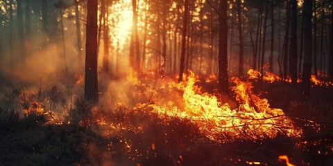 Wall Mural - Forest fires warning during dry weather conditions in summer forest regions