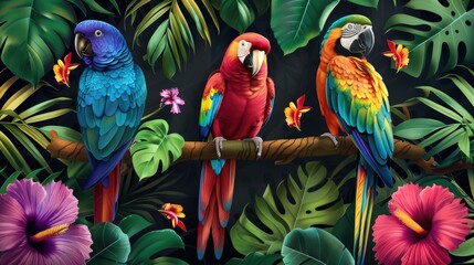 Poster - Parrots perched on a branch, vibrant colors and playful expressions