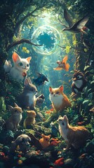 Wall Mural - A cheerful scene of animals and humans coexisting harmoniously in a lush forest, with the ozone layer depicted as a protective bubble surrounding the ecosystem