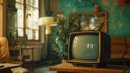 Poster - A vintage television set sits atop a rustic wooden table, perfect for decorating a retro-themed room or adding a nostalgic touch to your space