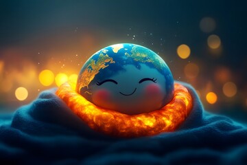 Canvas Print - A cute cartoon Earth character with a big smile, hugging a glowing ozone layer wrapped around it like a warm blanket, radiating happiness and protection