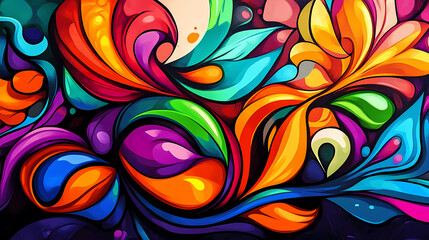 Wall Mural - A vibrant street art mural texture background, capturing the urban energy and creativity with colorful graffiti and abstract designs. Vibrant. Illustration