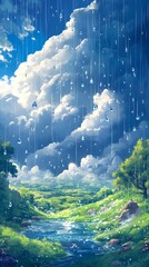 Poster - A detailed illustration showing the connection between the ozone layer and the water cycle, with raindrops falling from fluffy clouds onto a thriving, green landscape. The colors are bright and the mo