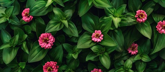 Sticker - Zinnia Flower And Green Leaves Pink Flowers Backdrop Plant Floral Botanical Background Summer Season Close Up Photo In Daytime Beauty Of Nature