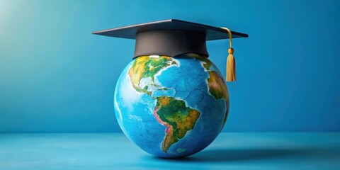 rendering of a globe with graduation hat and school accessory on a blue background with copy space